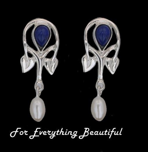 Image 0 of Art Nouveau Pear Pearl Lapis Lazuli Sterling Silver Drop Earrings