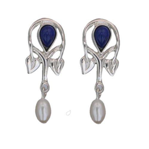 Image 1 of Art Nouveau Pear Pearl Lapis Lazuli Sterling Silver Drop Earrings
