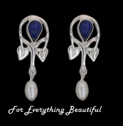 Art Nouveau Pear Pearl Lapis Lazuli Sterling Silver Drop Earrings