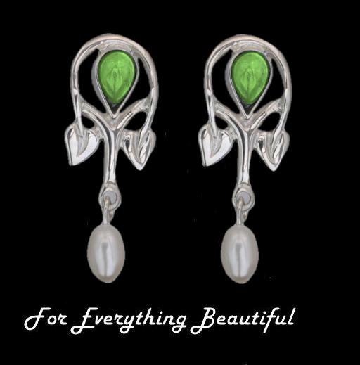 Image 0 of Art Nouveau Pear Pearl Green Peridot Sterling Silver Drop Earrings