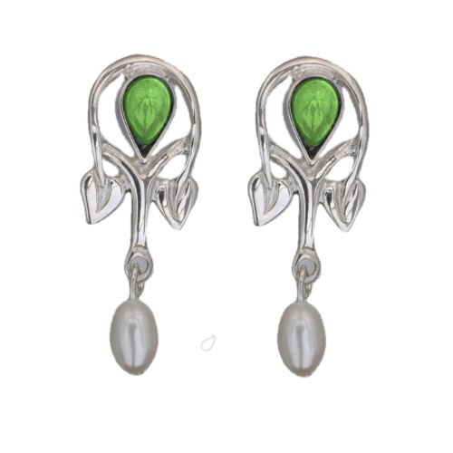 Image 1 of Art Nouveau Pear Pearl Green Peridot Sterling Silver Drop Earrings