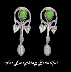 Art Nouveau Pear Pearl Green Peridot Sterling Silver Drop Earrings