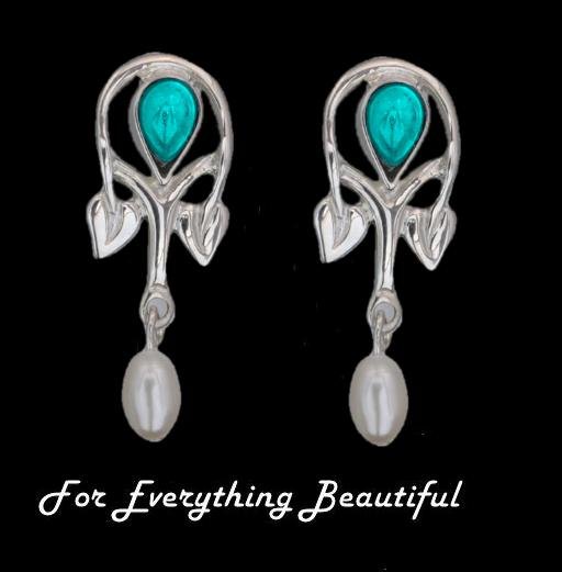 Image 0 of Art Nouveau Pear Pearl Turquoise Sterling Silver Drop Earrings