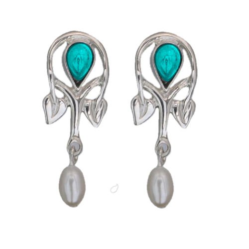Image 1 of Art Nouveau Pear Pearl Turquoise Sterling Silver Drop Earrings