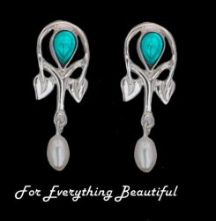 Art Nouveau Pear Pearl Turquoise Sterling Silver Drop Earrings