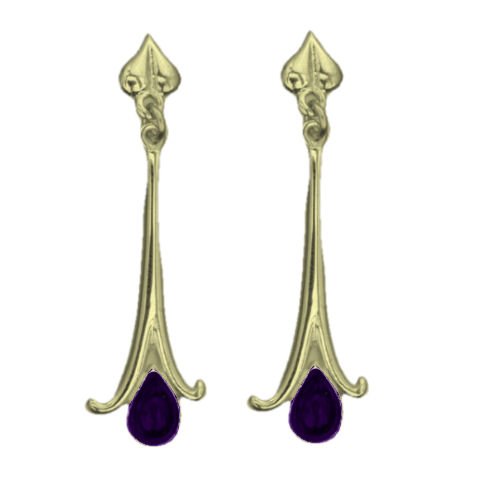 Image 1 of Art Nouveau Long Leaf Amethyst 18K Yellow Gold Drop Earrings