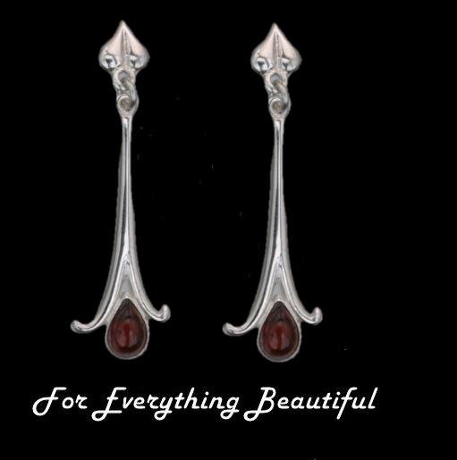 Image 0 of Art Nouveau Long Leaf Garnet Sterling Silver Drop Earrings