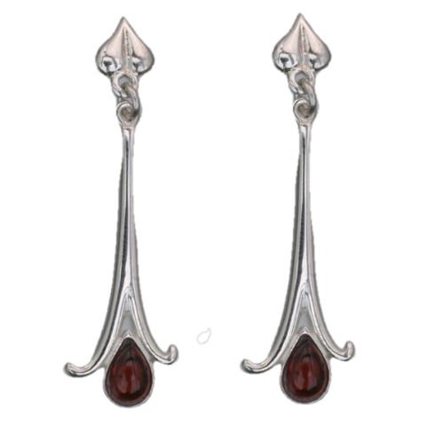 Image 1 of Art Nouveau Long Leaf Garnet Sterling Silver Drop Earrings