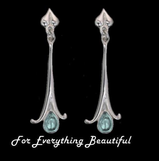 Image 0 of Art Nouveau Long Leaf Blue Moonstone Silver Drop Earrings