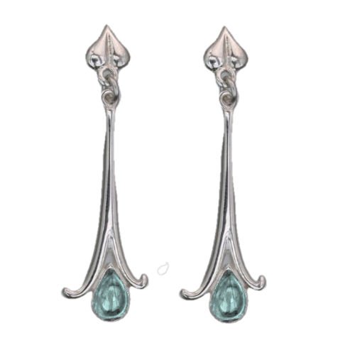 Image 1 of Art Nouveau Long Leaf Blue Moonstone Silver Drop Earrings