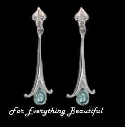 Art Nouveau Long Leaf Blue Moonstone Silver Drop Earrings