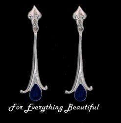 Art Nouveau Long Leaf Lapis Lazuli Sterling Silver Earrings