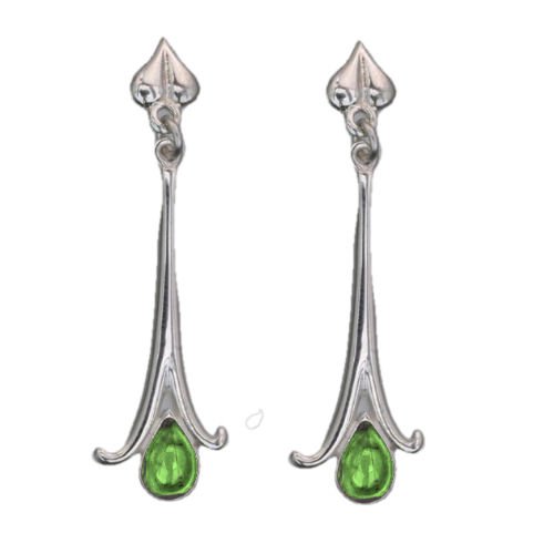 Image 1 of Art Nouveau Long Leaf Green Peridot Sterling Silver Earrings