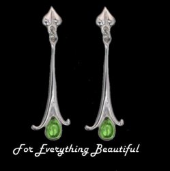 Art Nouveau Long Leaf Green Peridot Sterling Silver Earrings