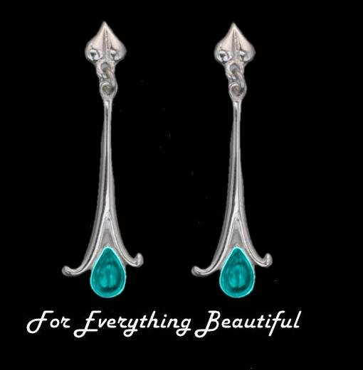 Image 0 of Art Nouveau Long Leaf Turquoise Sterling Silver Earrings