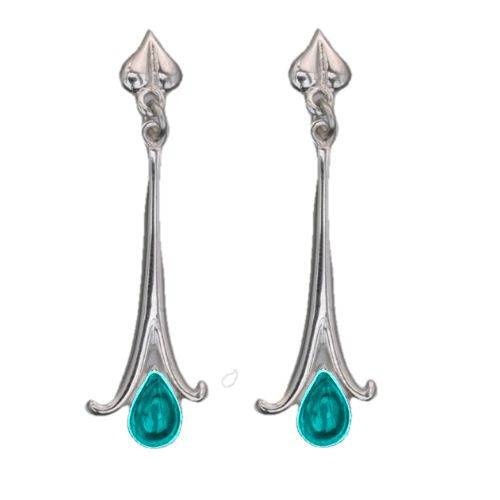 Image 1 of Art Nouveau Long Leaf Turquoise Sterling Silver Earrings