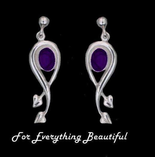 Image 0 of Art Nouveau Oval Leaf Amethyst Sterling Silver Earrings