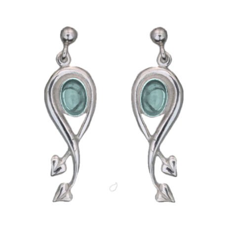 Image 1 of Art Nouveau Oval Leaf Blue Moonstone Sterling Silver Earrings