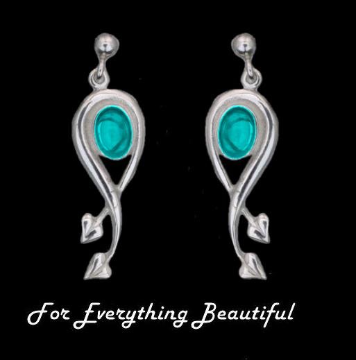 Image 0 of Art Nouveau Oval Leaf Turquoise Sterling Silver Earrings