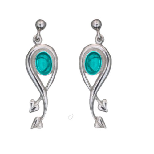 Image 1 of Art Nouveau Oval Leaf Turquoise Sterling Silver Earrings