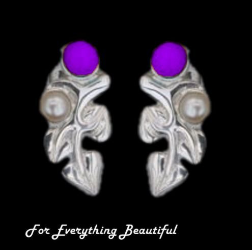 Image 0 of Art Nouveau Leaf Motif Pearl Amethyst Stud Sterling Silver Earrings