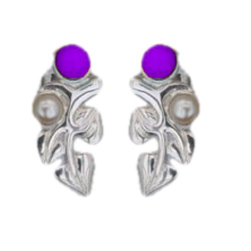 Image 1 of Art Nouveau Leaf Motif Pearl Amethyst Stud Sterling Silver Earrings