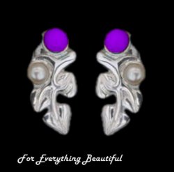 Art Nouveau Leaf Motif Pearl Amethyst Stud Sterling Silver Earrings