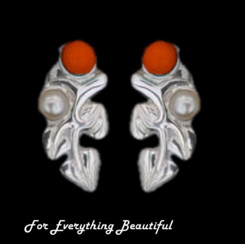 Image 0 of Art Nouveau Leaf Motif Pearl Garnet Stud Sterling Silver Earrings