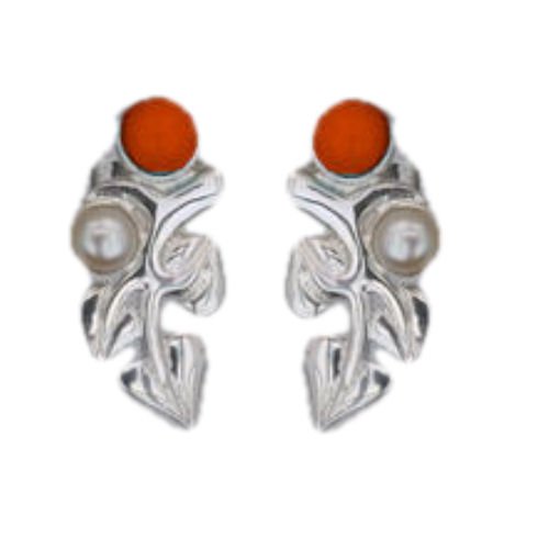 Image 1 of Art Nouveau Leaf Motif Pearl Garnet Stud Sterling Silver Earrings