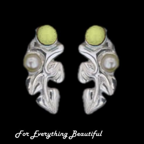 Image 0 of Art Nouveau Leaf Motif Pearl Citrine Stud Sterling Silver Earrings