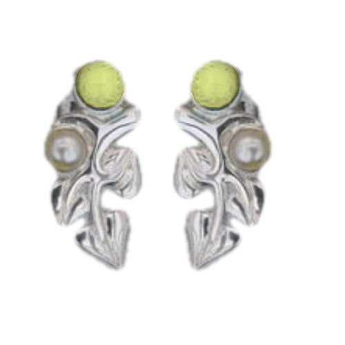 Image 1 of Art Nouveau Leaf Motif Pearl Citrine Stud Sterling Silver Earrings