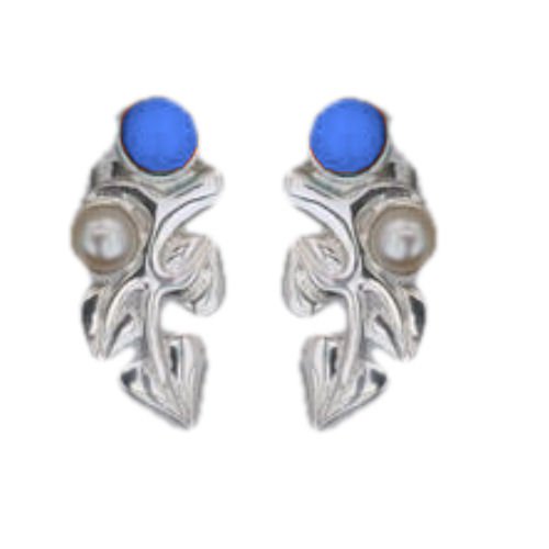 Image 1 of Art Nouveau Leaf Motif Pearl Labradorite Stud Sterling Silver Earrings