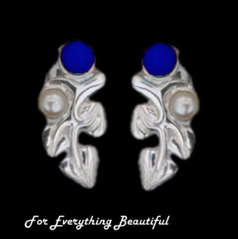 Image 0 of Art Nouveau Leaf Motif Pearl Lapis Lazuli Stud Sterling Silver Earrings