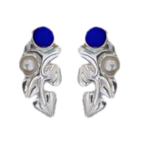 Image 1 of Art Nouveau Leaf Motif Pearl Lapis Lazuli Stud Sterling Silver Earrings
