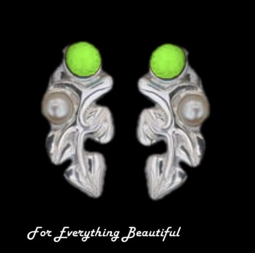 Image 0 of Art Nouveau Leaf Motif Pearl Green Peridot Stud Sterling Silver Earrings