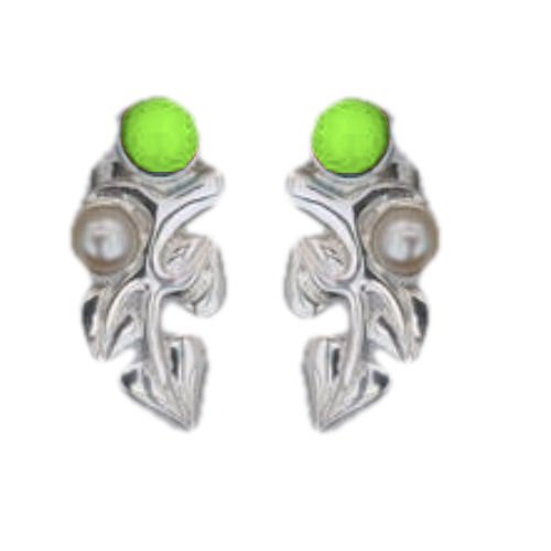 Image 1 of Art Nouveau Leaf Motif Pearl Green Peridot Stud Sterling Silver Earrings