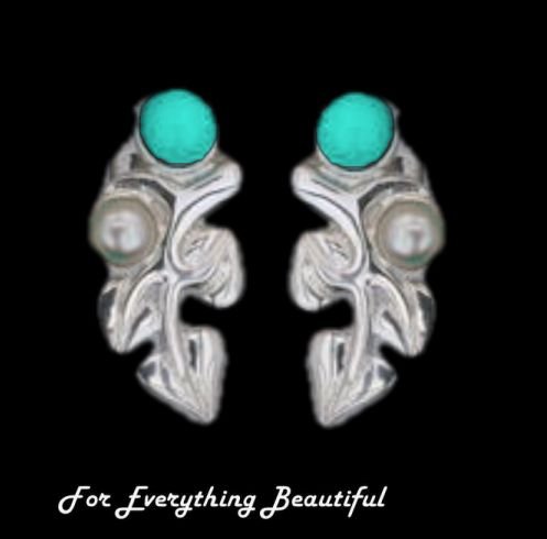 Image 0 of Art Nouveau Leaf Motif Pearl Turquoise Stud Sterling Silver Earrings