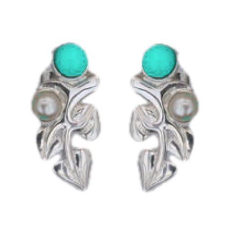 Image 1 of Art Nouveau Leaf Motif Pearl Turquoise Stud Sterling Silver Earrings