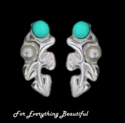 Art Nouveau Leaf Motif Pearl Turquoise Stud Sterling Silver Earrings