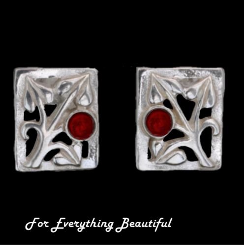 Image 0 of Glasgow Girls Art Nouveau Square Motif Garnet Sterling Silver Stud Earrings