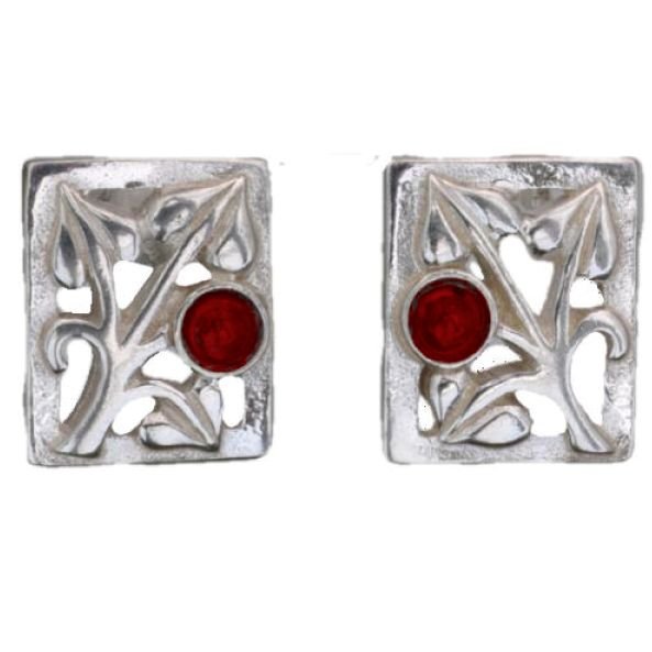 Image 1 of Glasgow Girls Art Nouveau Square Motif Garnet Sterling Silver Stud Earrings