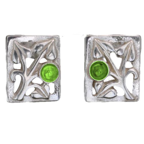 Image 1 of Glasgow Girls Art Nouveau Square Motif Peridot Sterling Silver Stud Earrings