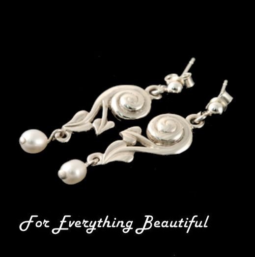 Image 0 of Glasgow Girls Art Nouveau Swirl Leaf Pearl Drop Sterling Silver Earrings