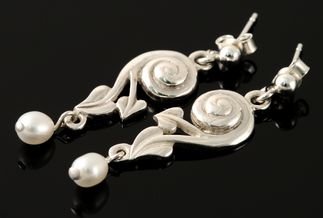 Image 2 of Glasgow Girls Art Nouveau Swirl Leaf Pearl Drop Sterling Silver Earrings