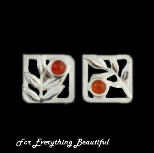 Image 0 of Rowan Tree Leaf Square Cornelian Sterling Silver Earrings