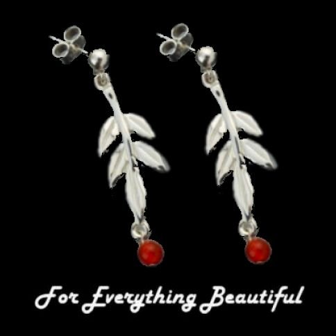 Image 0 of Rowan Tree Leaf Cornelian Bead Drop Sterling Silver Earrings