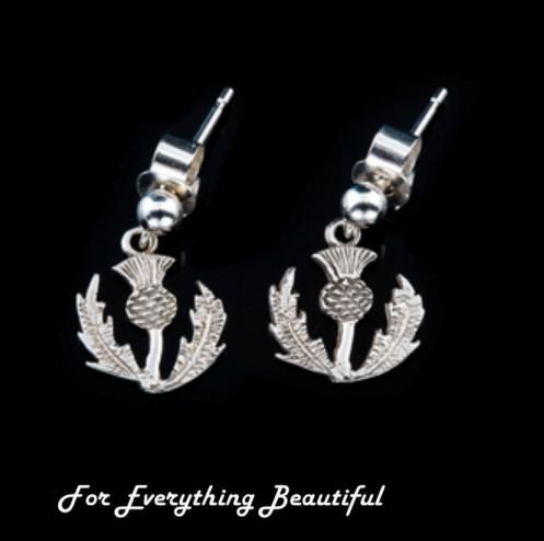 Image 0 of Scotland Thistle Floral Emblem Design Sterling Silver Drop Earrings 