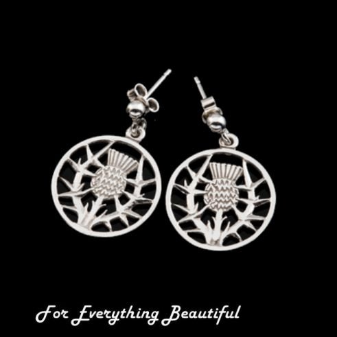Image 0 of Thistle Wire Design Floral Emblem Circular Small Sterling Silver Earrings 