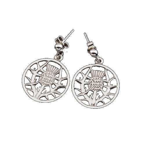 Image 1 of Thistle Wire Design Floral Emblem Circular Small Sterling Silver Earrings 