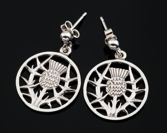 Image 2 of Thistle Wire Design Floral Emblem Circular Small Sterling Silver Earrings 